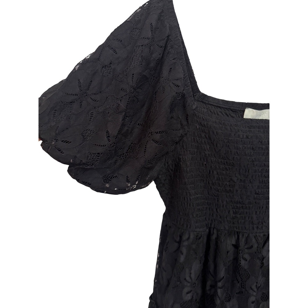 J Gee Black Lace Smocked Midi Dress Square Neck Puff Sleeve Tiered LBD XL - Picture 6 of 7